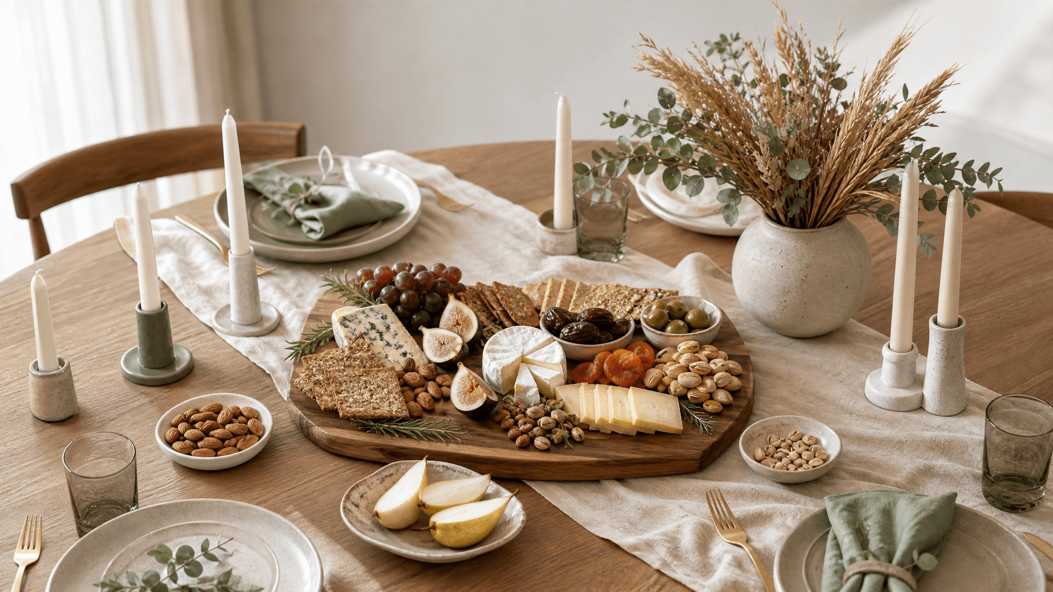 Overhead view of a warm home dinner table set with a grazing board, linen and flameless LED taper candles